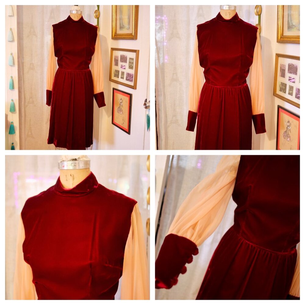 vtg 60s Red Velvet Dress Chiffon Sleeves High Neck Dark Romance Whimsigoth S
